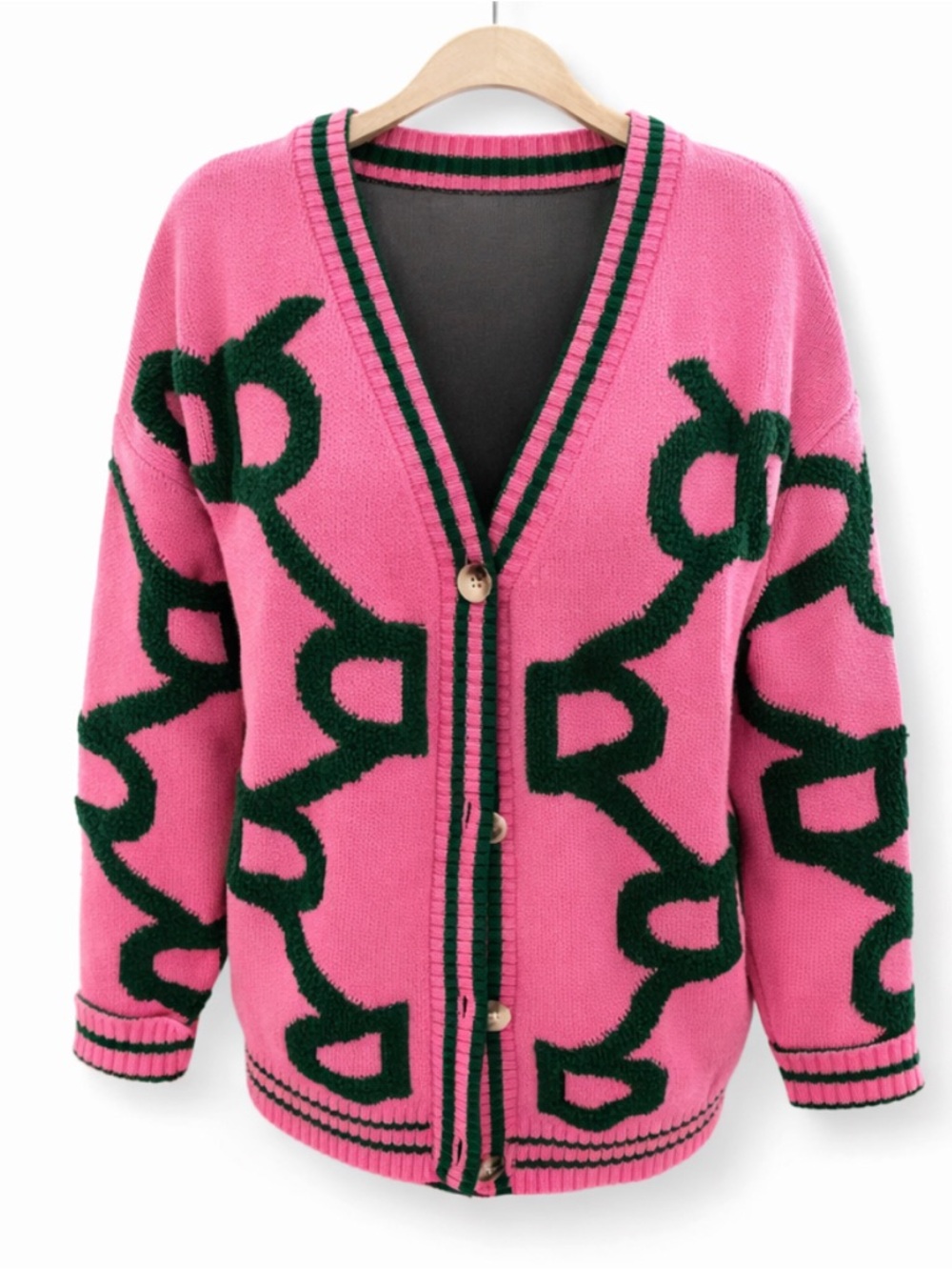 Pink V-Neck Button-Front Cardigan with Green Pattern